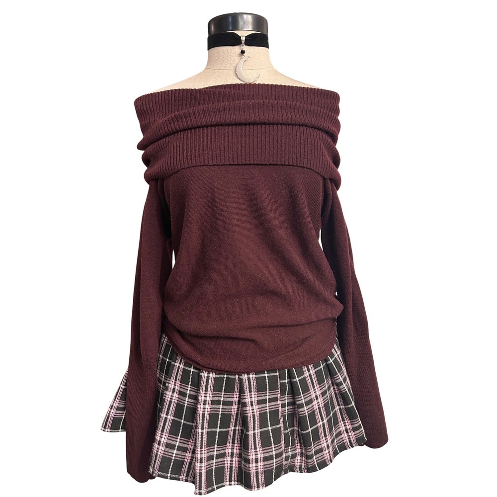 Wool Off Shoulder Cowl Neck Sweater Medium Stretchy Burgundy